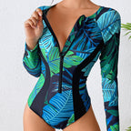 Damen Sportlicher Langarm Badeanzug mit floralem Druck R&B