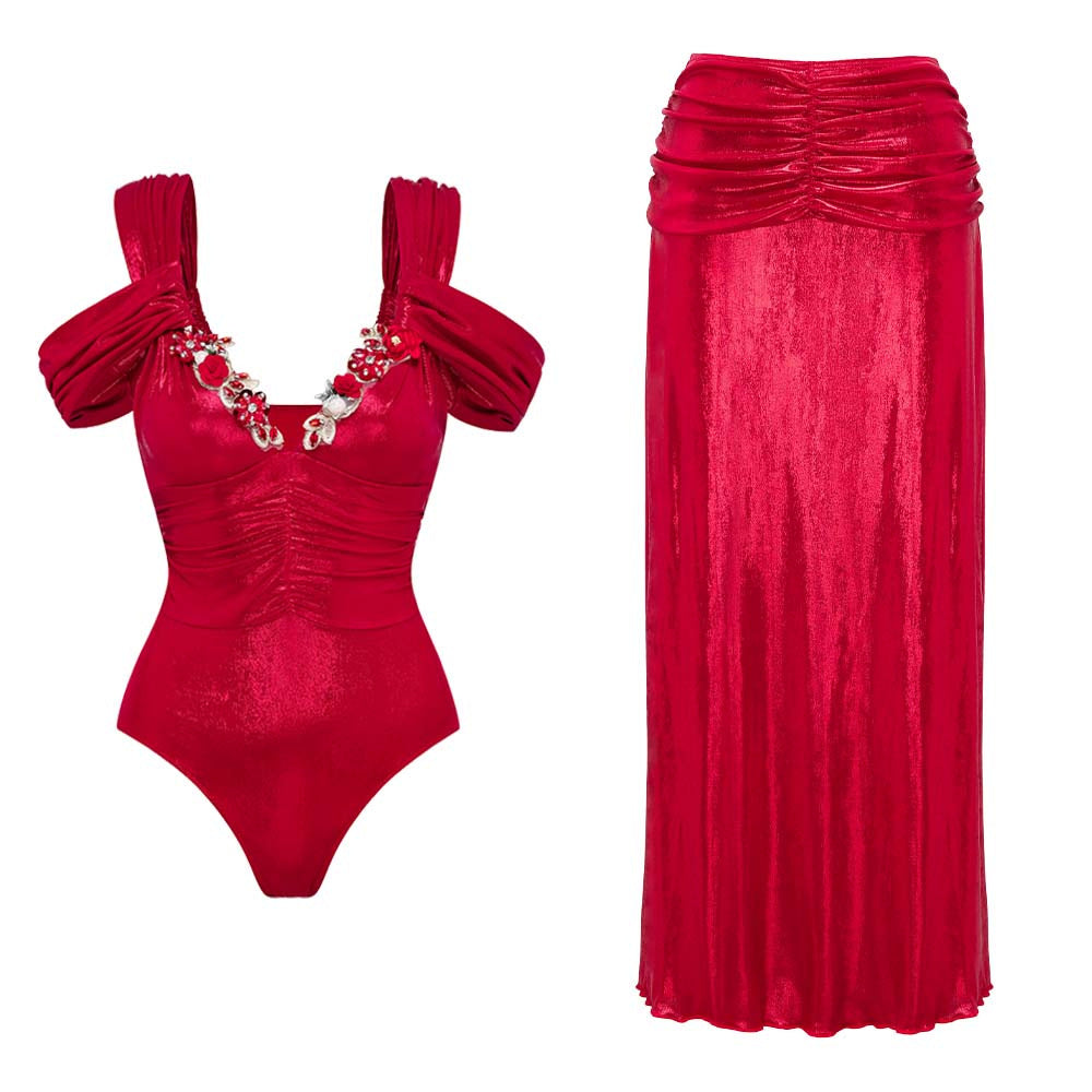 Damen Badeanzug mit off-shoulder Design und elegantem Rock R&B