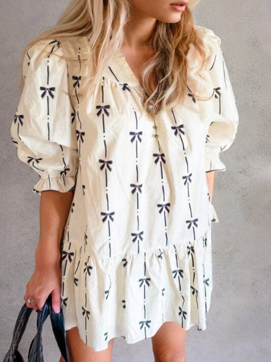 Damen luftiges Freizeitkleid mit Rüschen und zartem Schleifenprint R&B