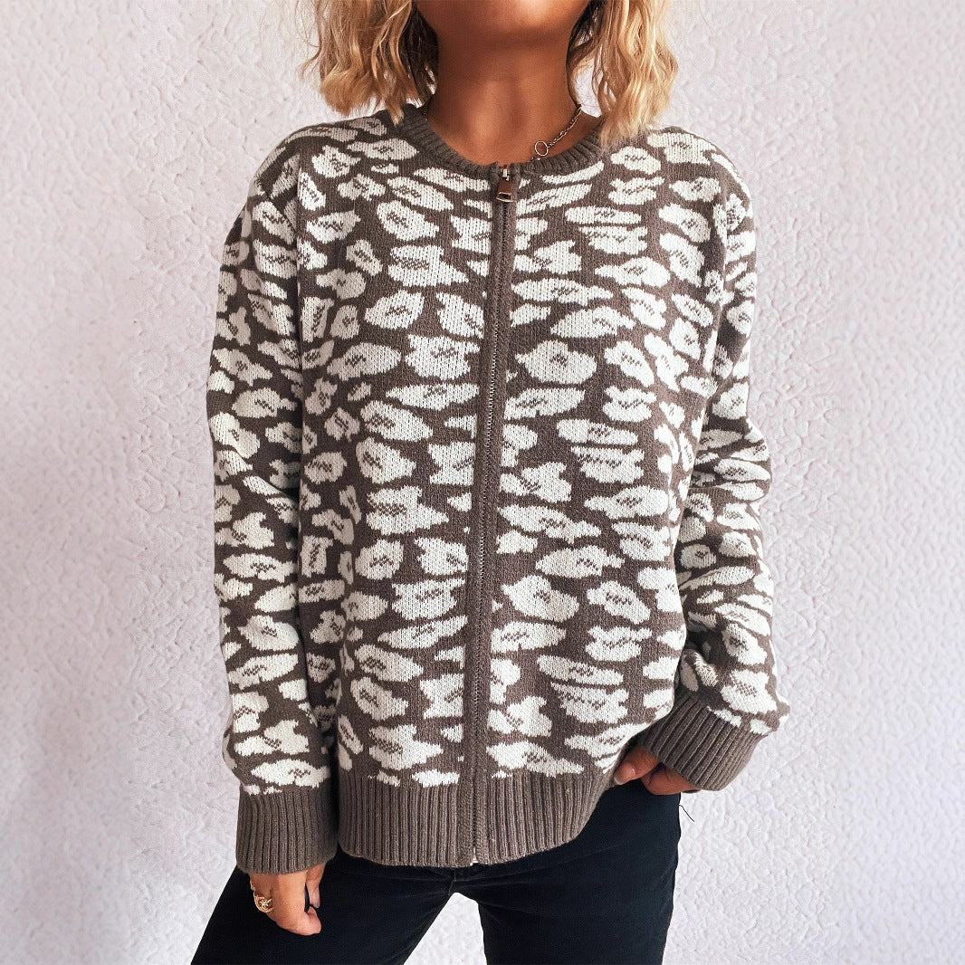 Damen Strickjacke mit modernem Leopardenmuster und Zipperdetails R&B