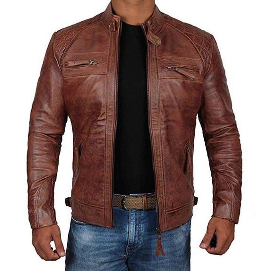 Herren Lederjacke mit Stehkragen und Ziernähten R&B