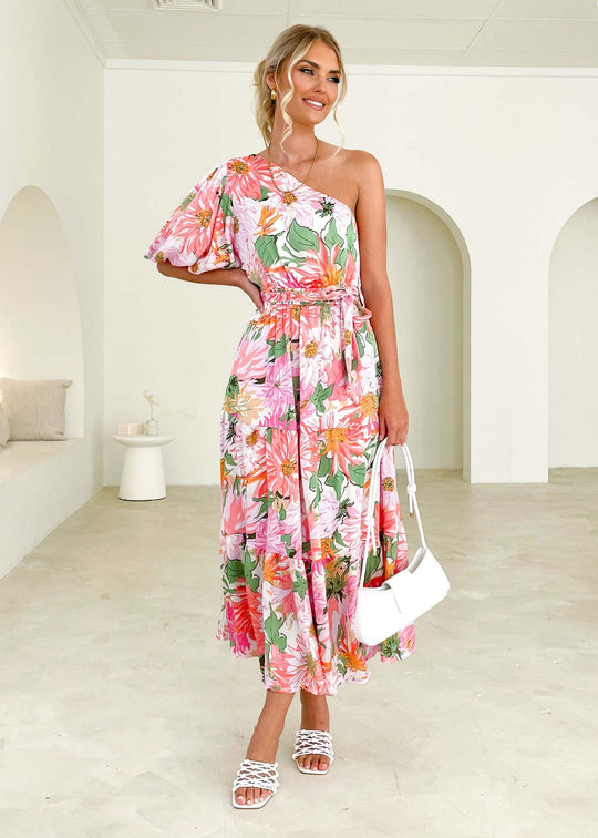 Damen Maxikleid mit verspieltem asymmetrischen Schnitt und Puffärmel R&B