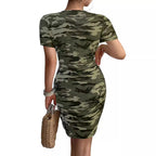 Damen figurbetontes Camouflage-Kleid mit V-Ausschnitt und elastischem Material R&B