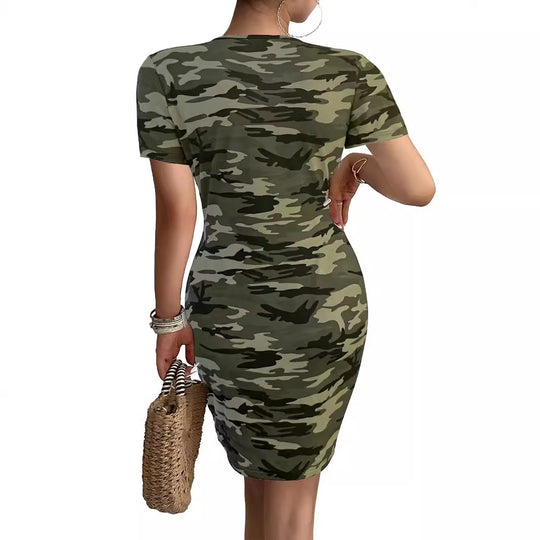 Damen figurbetontes Camouflage-Kleid mit V-Ausschnitt und elastischem Material R&B