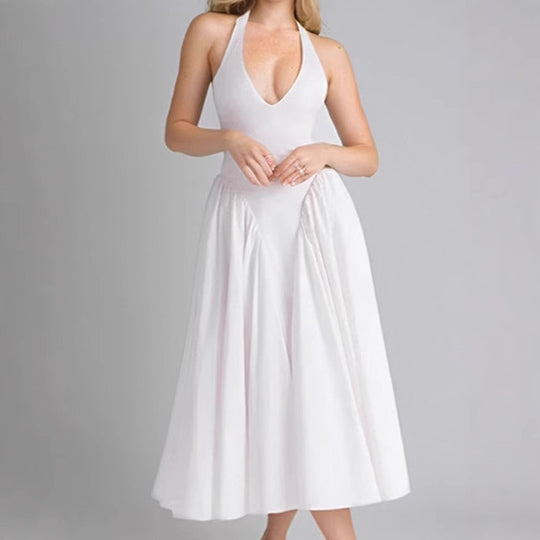 Damen Midikleid mit tiefem V-Ausschnitt und fließendem Rock R&B