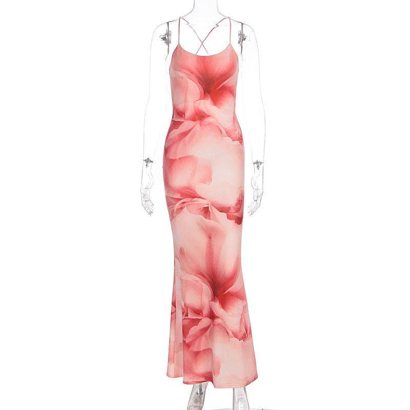 Damen langes Kleid mit floralem Design und Spaghettiträgern R&B