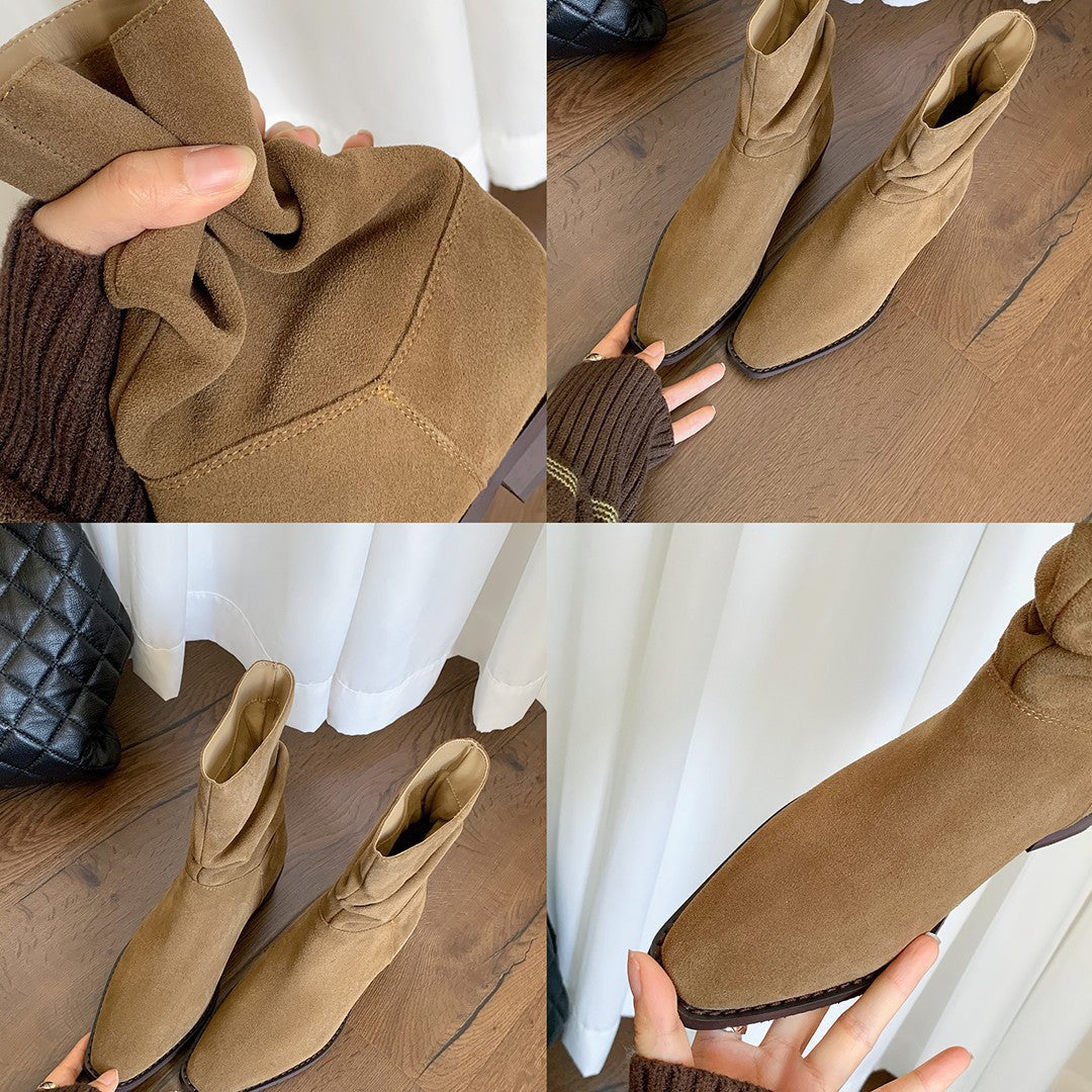 Damen modische Stiefeletten mit gerafftem Design und bequemem Blockabsatz R&B
