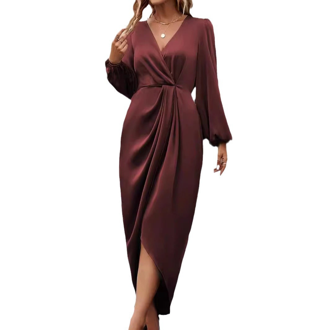 Damen nan tailliertes Drapé-Midikleid mit V-Ausschnitt Raffung Ballonärmeln und seitlichem Wickelschlitz R&B