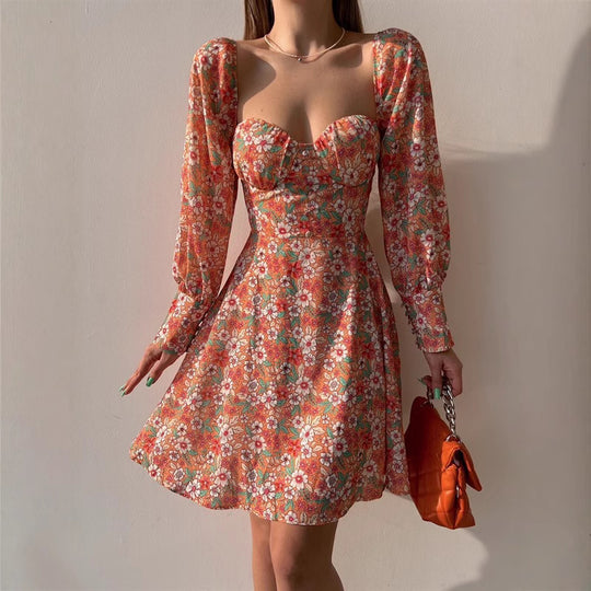 Damen Puffärmel Kleid mit romantischem Blumenmuster und herzförmigem Ausschnitt R&B