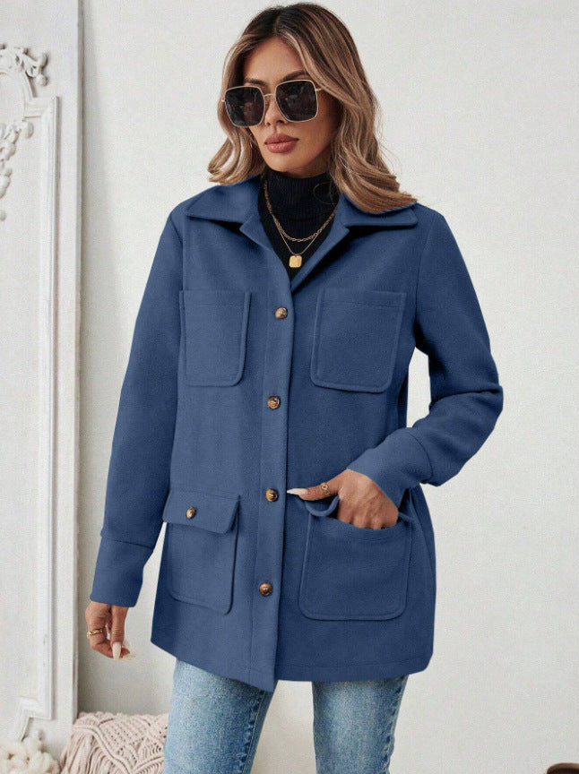 Damen Modische Utility-Jacke mit großen Taschen und goldenem Druck R&B