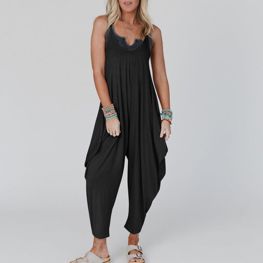 Damen bequemer Jumpsuit mit lässigem Schnitt und tiefem V-Ausschnitt R&B