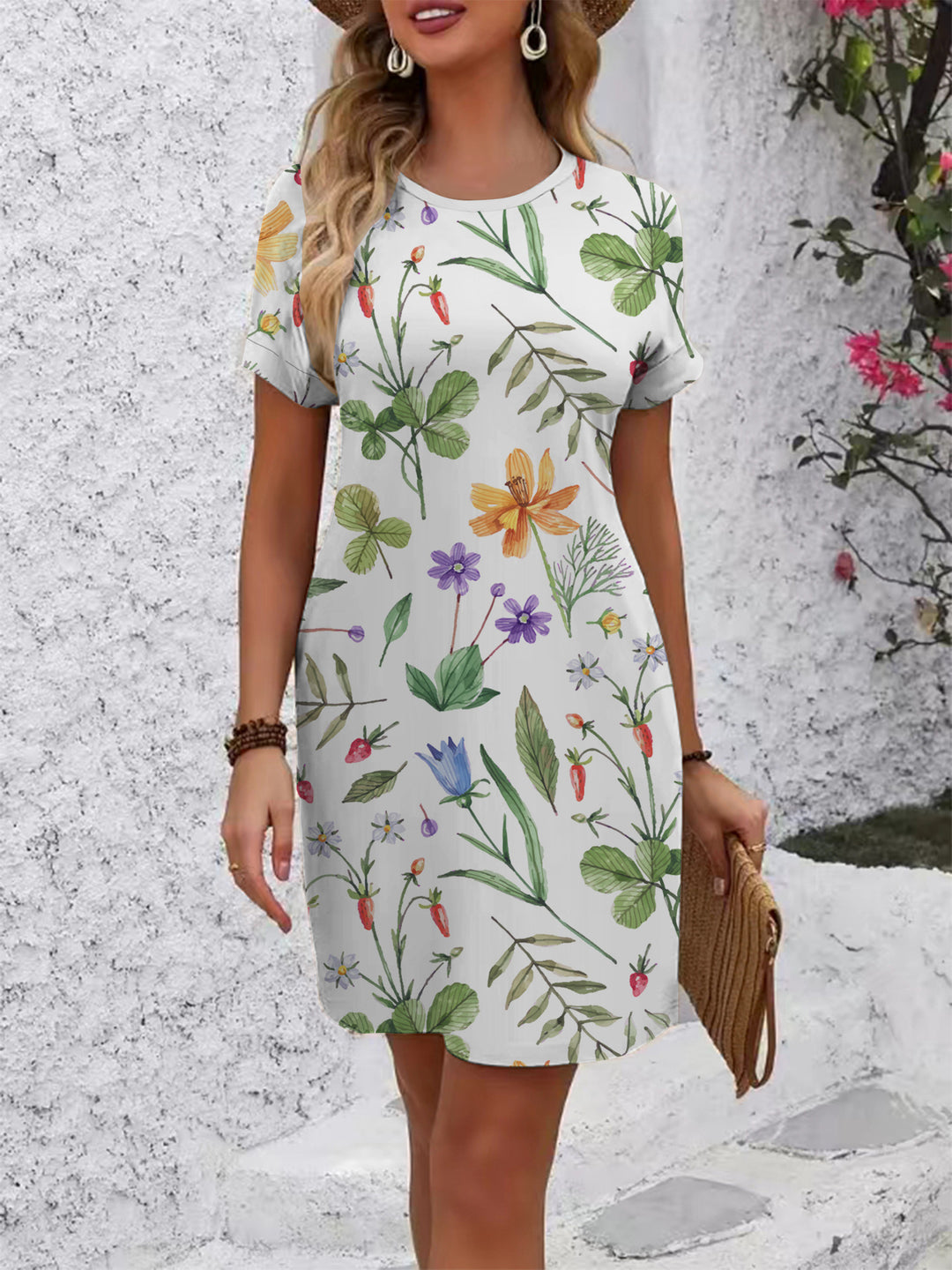 Damen Kurzarm Kleid mit botanischem Druck R&B