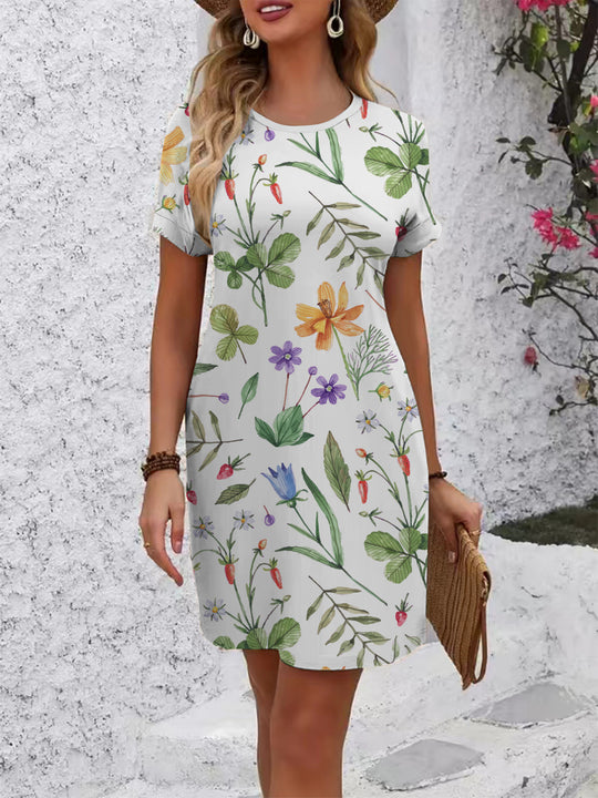 Damen Kurzarm Kleid mit botanischem Druck R&B