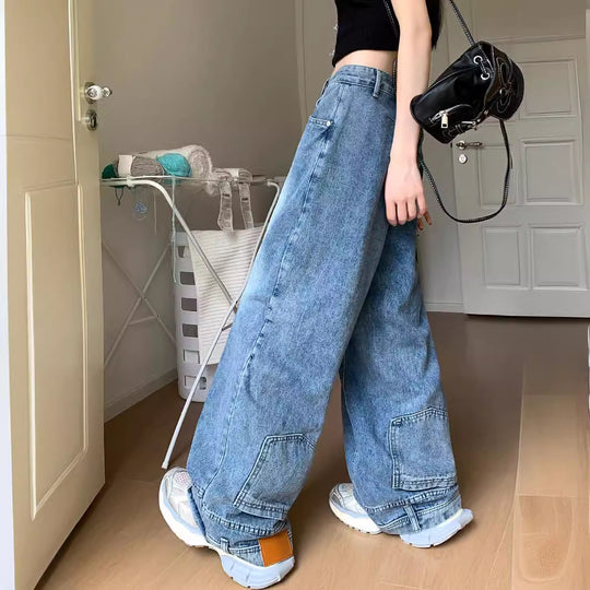 Damen Weite Denim-Hose mit hohem Taillenbund und lässigem Schnitt R&B