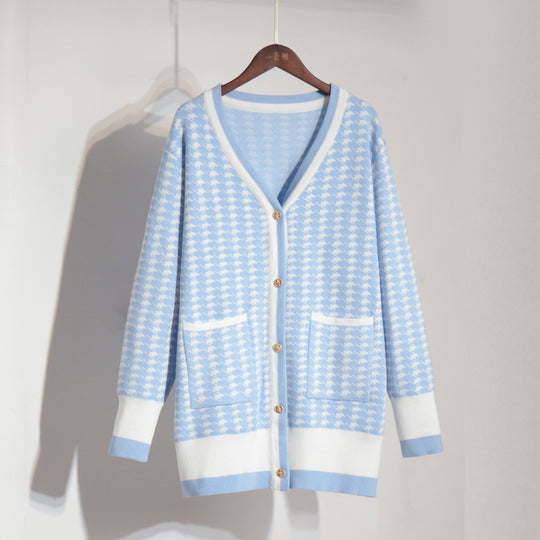 Damen Strickcardigan mit klassischem Hahnentritt-Muster und Knopfleiste R&B