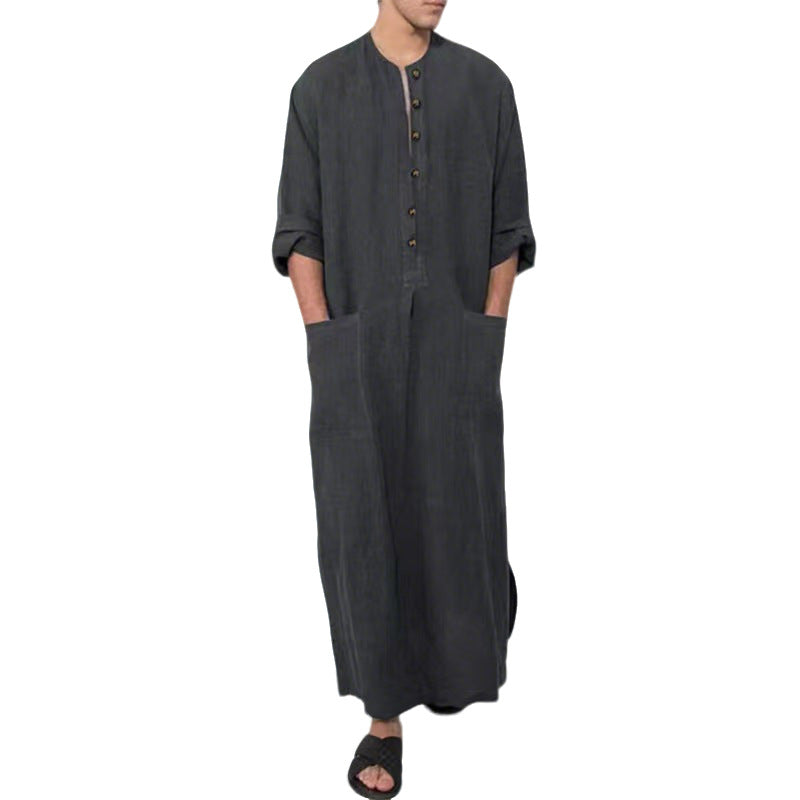 Herren nan weites langes Tunika-Kaftan aus atmungsaktivem Leinen mit Stehkragen Knopfblende und aufgesetzten Taschen R&B