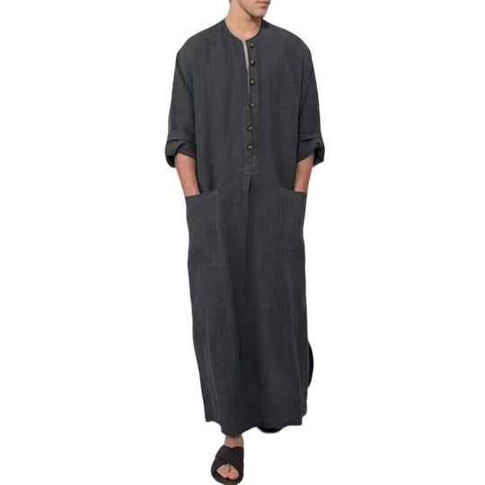 Herren nan weites langes Tunika-Kaftan aus atmungsaktivem Leinen mit Stehkragen Knopfblende und aufgesetzten Taschen R&B