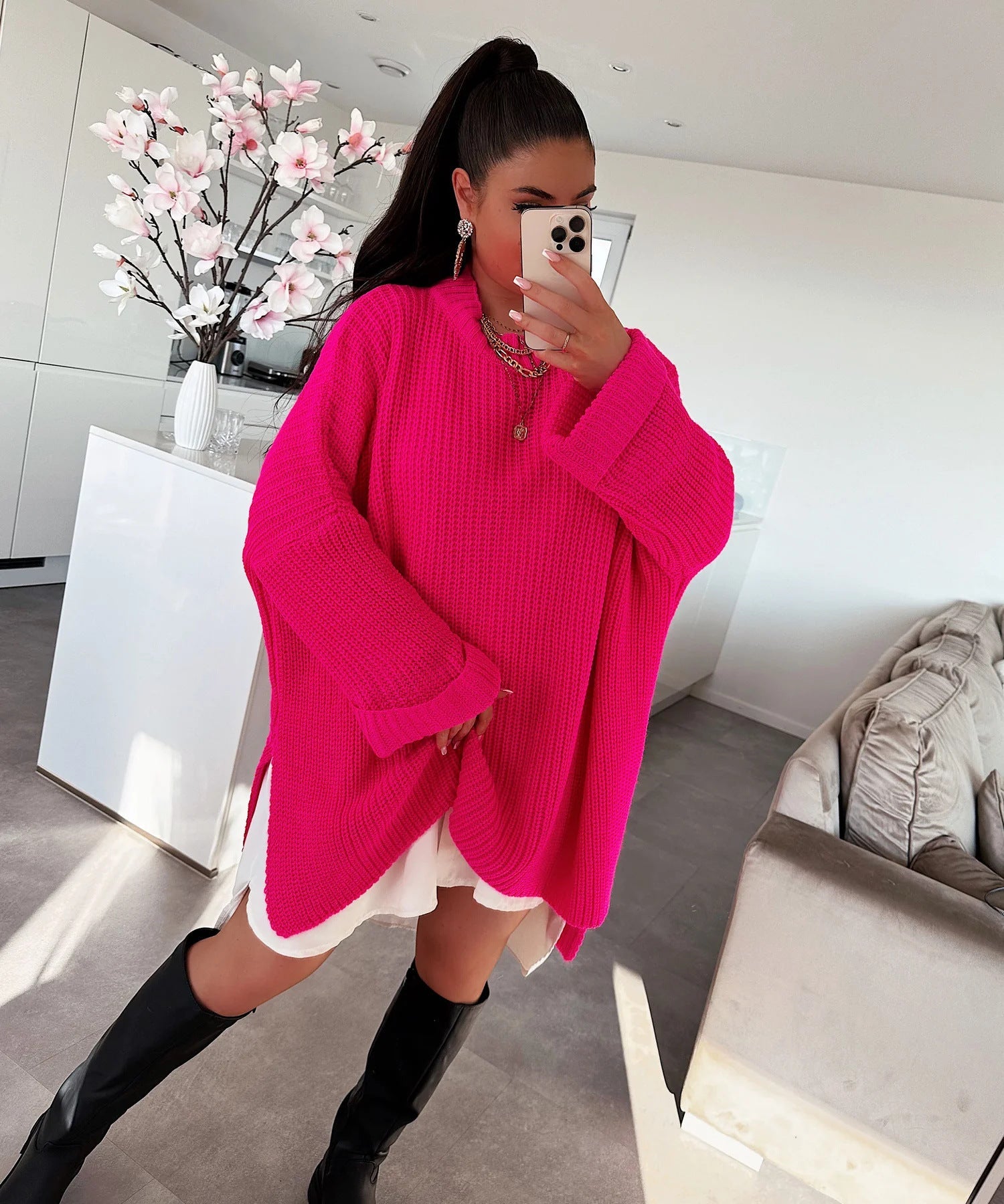 Damen grob gestrickter Oversize-Pullover mit V-Ausschnitt und lässigem Schnitt R&B