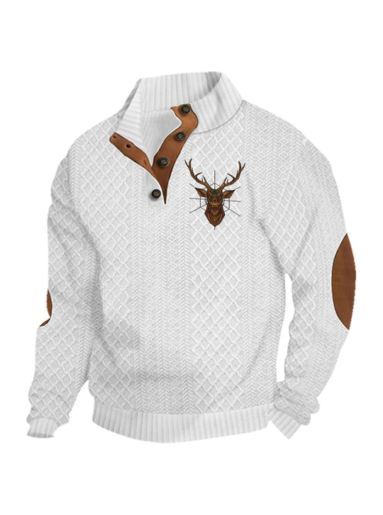 Herren nan Heritage-Strukturpullover mit Stehkragen Lederimitat-Besatz Ellenbogen-Patches und Halbknopfleiste R&B