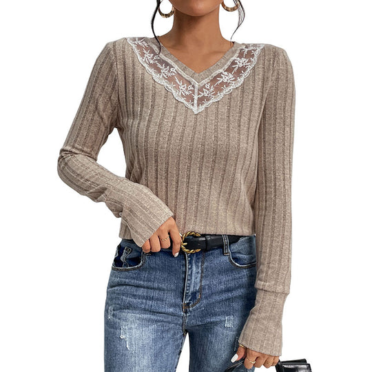 Damen Langarmshirt mit elegantem Spitzenkragen R&B