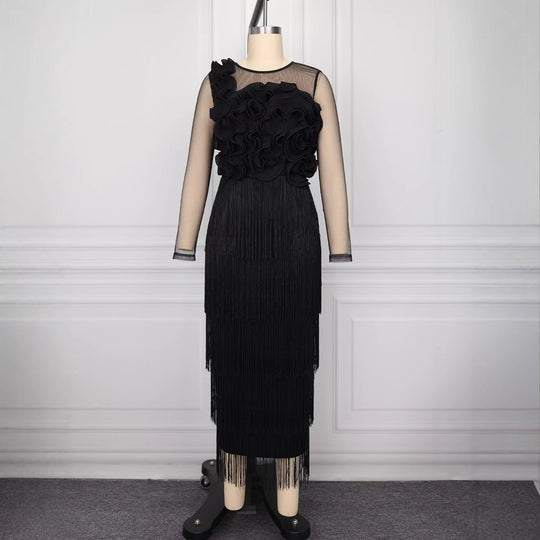 Damen elegantes Cocktailkleid mit voluminösen Rüschendetails und Fransen R&B