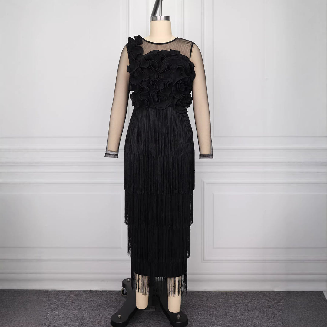 Damen figurbetontes Kleid mit voluminösen Rüschen und Fransen R&B