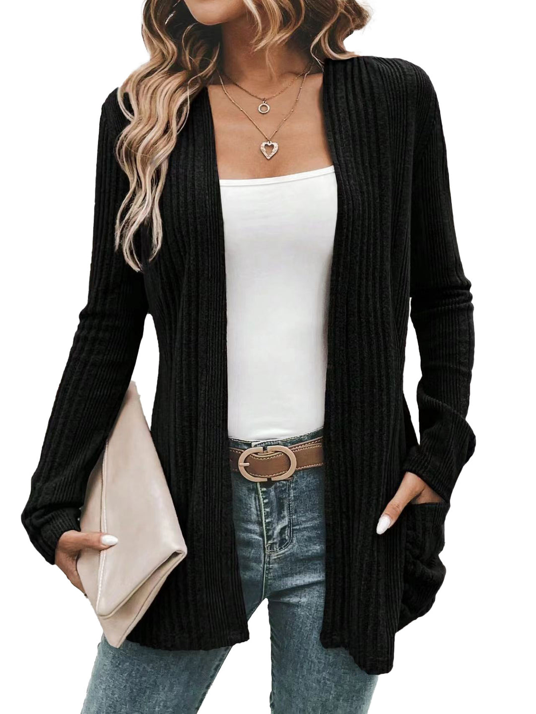 Damen modische Strickjacke mit offenen Front und praktischen Taschen R&B