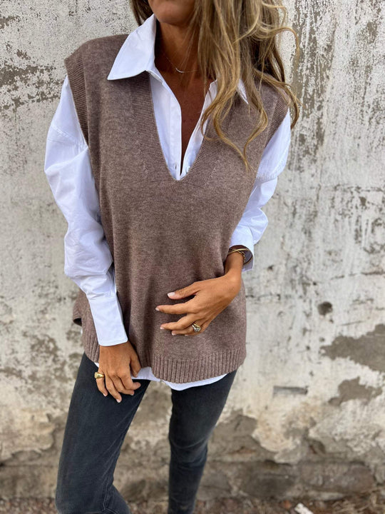 Damen lässiger Strickpullover mit V-Ausschnitt R&B