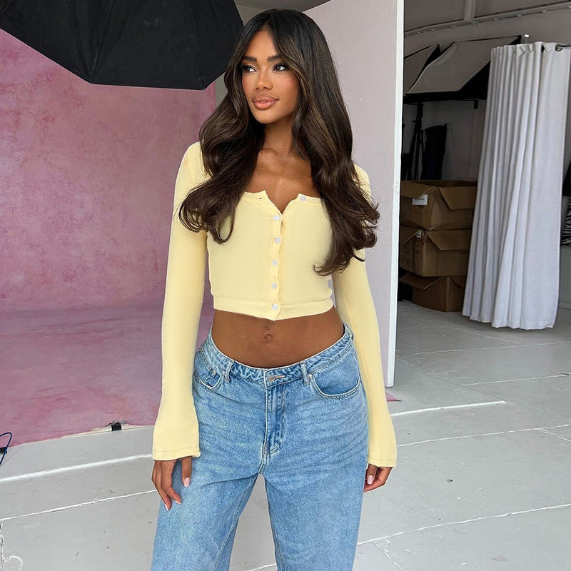 Damen Cropped Langarmshirt mit Knopfleiste und weitem Ausschnitt R&B