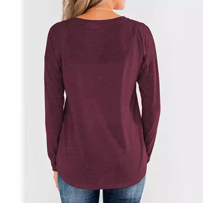 Damen modisches Langarm-Henley-Shirt mit Knopfleiste R&B