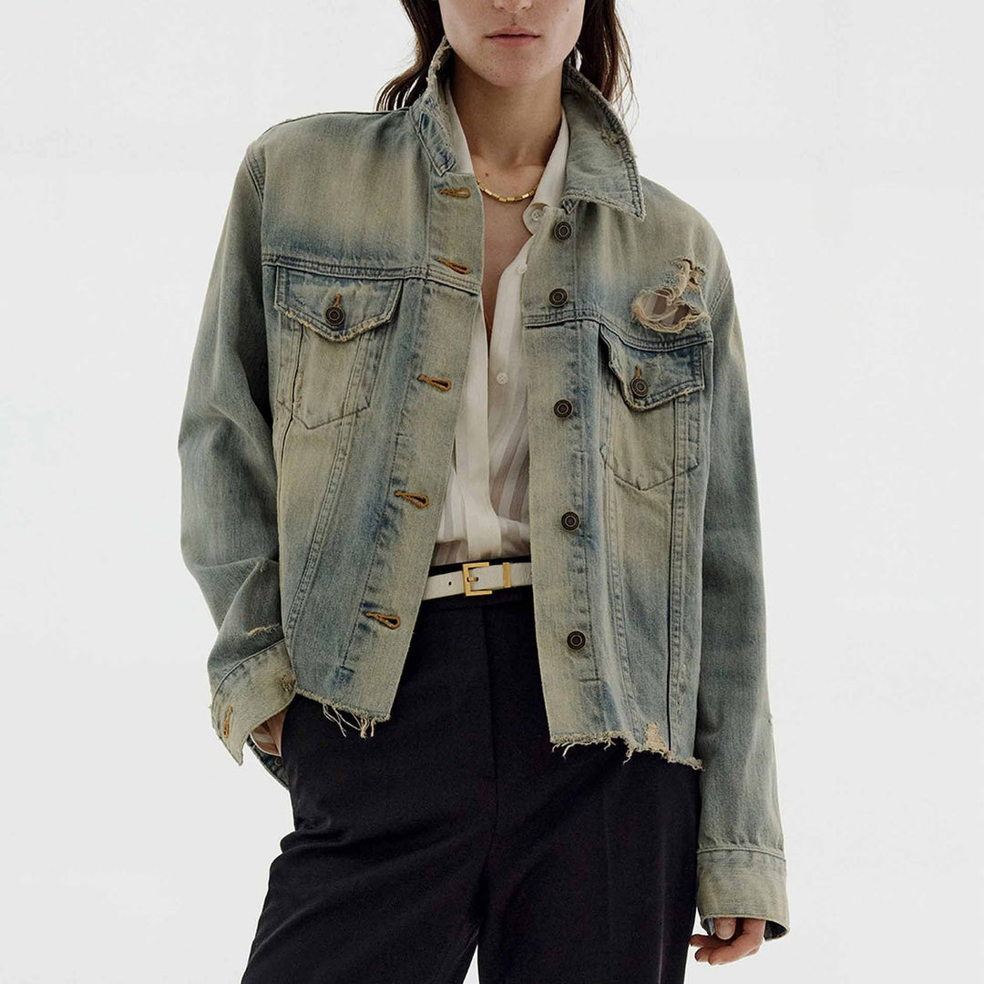 Damen modische Denimjacke im Vintage-Stil mit lässigem Schnitt und fransigen Details R&B