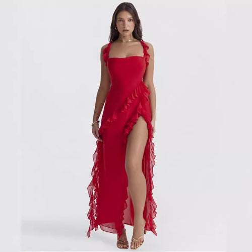 Damen Maxikleid mit verführerischen Rüschen und hohen Schlitz Heidi-Mode