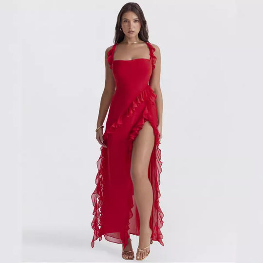Damen nan langes Abendkleid mit quadratischem Ausschnitt, Schulter-Rüschenträgern und hoher Beinschlitze R&B