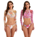 Damen Bikini-Set mit langärmeligem Crop-Top und floralem Design R&B
