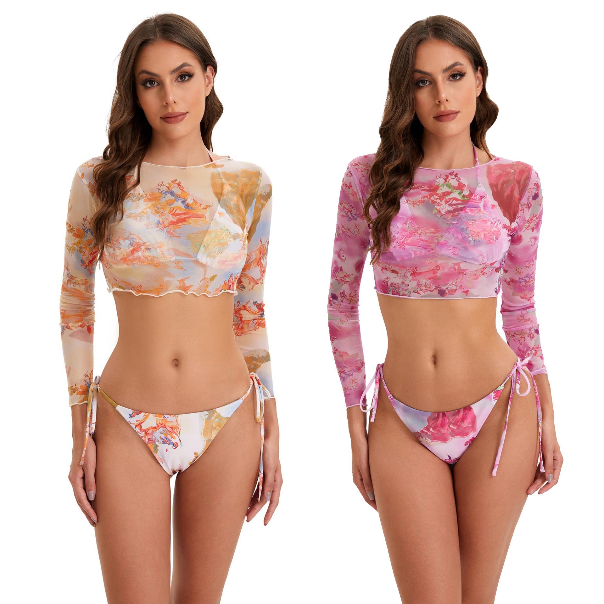 Damen Bikini-Set mit langärmeligem Crop-Top und floralem Design R&B
