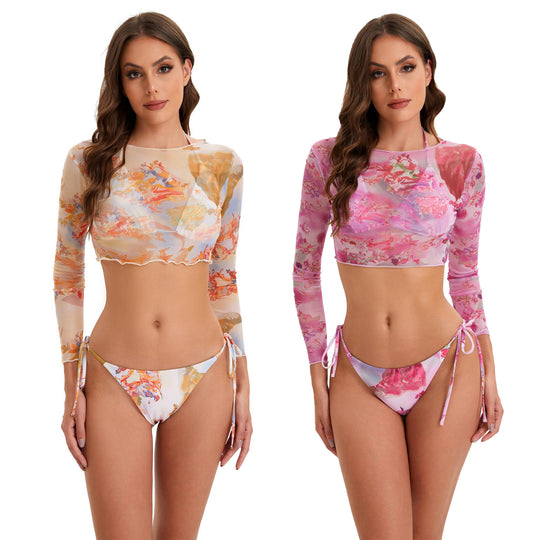 Damen Bikini-Set mit langärmeligem Crop-Top und floralem Design R&B