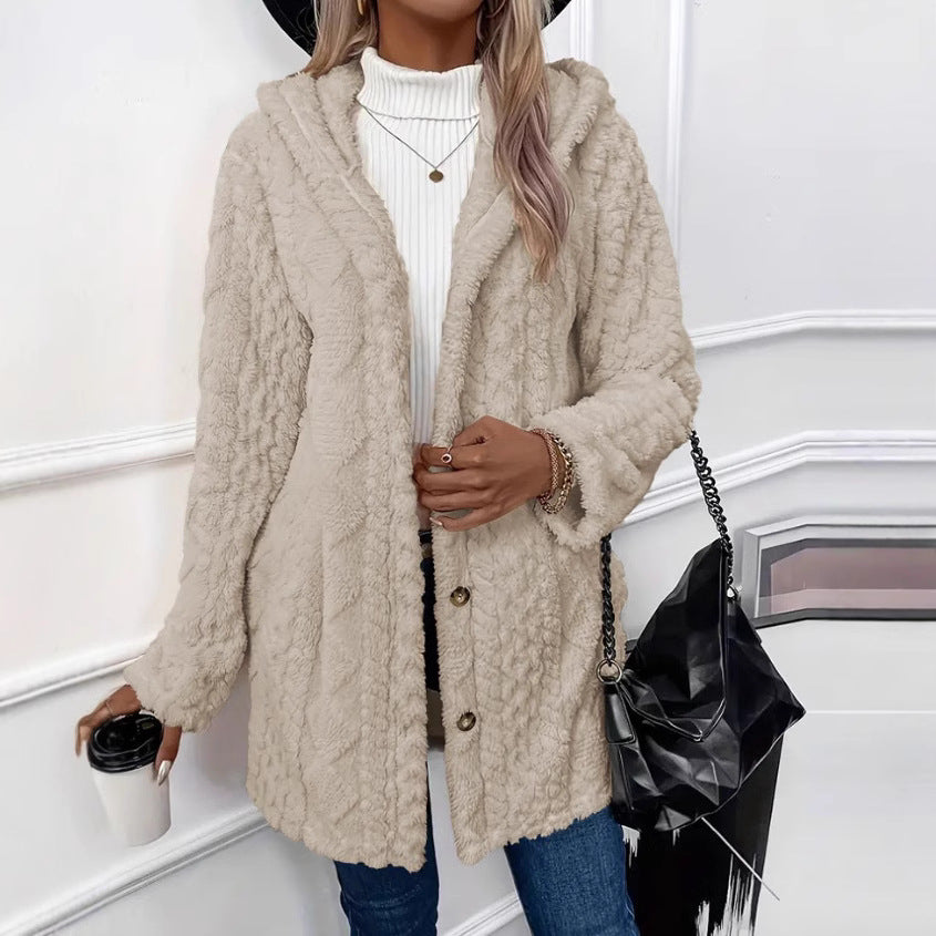 Damen Gemütlicher Hoodie-Mantel aus Teddy-Fleece R&B