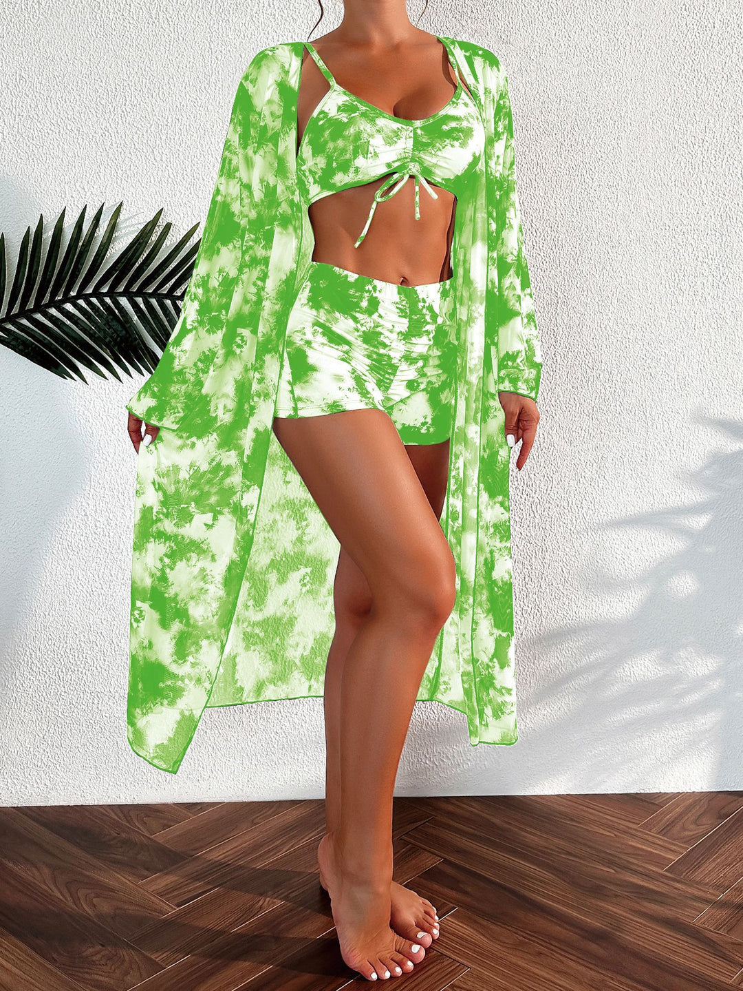 Damen Bikini-Set mit kurzem Höschen und transparentem Strandkimono R&B