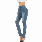 Damen High-Waist Skinny-Jeans mit Fransen und modischen Rissen