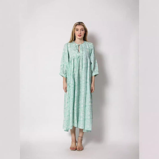Damen Maxi-Kleid mit voluminösen Ärmeln und raffiniertem Bindungsdetail R&B