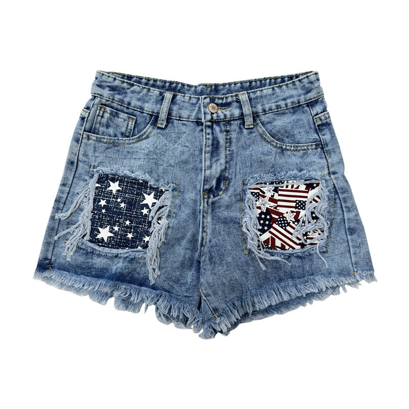 Damen Destroyed Denim-Shorts mit fransigen Taschen und modischen Aufnähern R&B