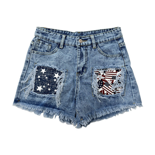 Damen Destroyed Denim-Shorts mit fransigen Taschen und modischen Aufnähern R&B