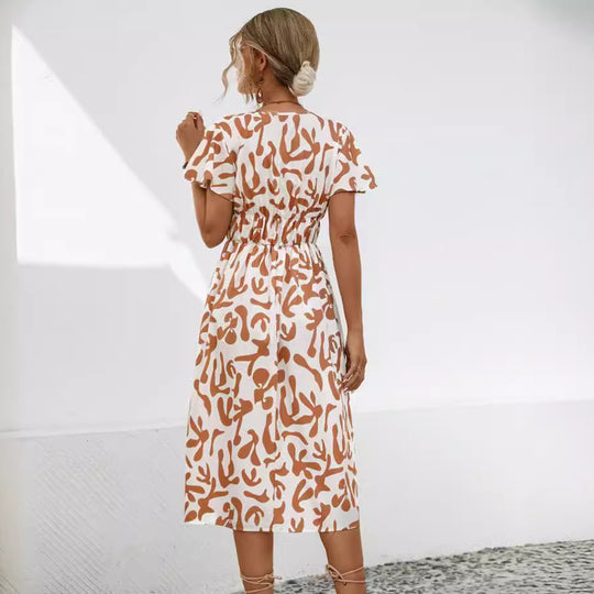 Damen Midi-Kleid mit V-Ausschnitt und fließenden Rüschendetails R&B
