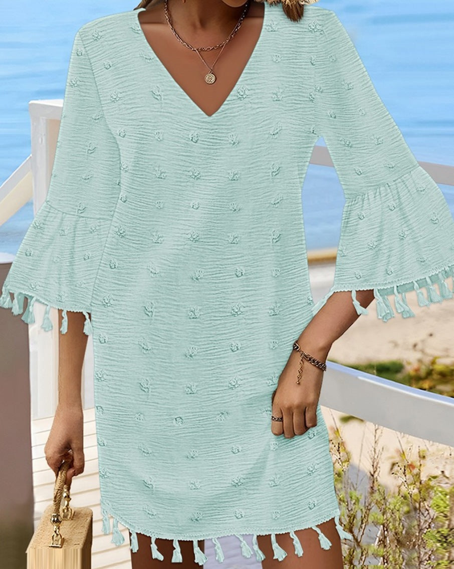 Damen Strandkleid mit elegantem V-Ausschnitt und dekorativen Fransen R&B