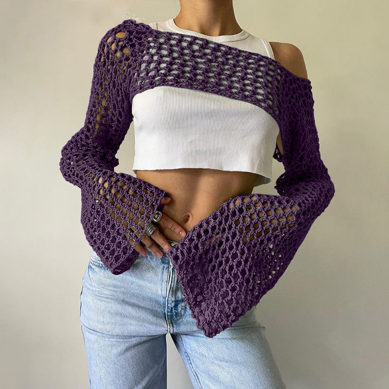 Damen gehäkeltes Langarm-Top mit Off-Shoulder-Design R&B