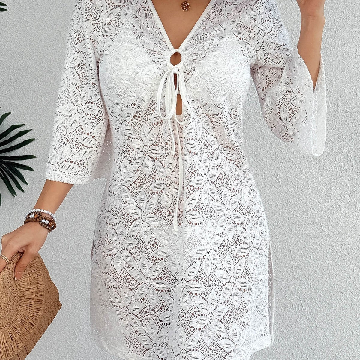Damen Häkel-Strandkleid mit tiefem V-Ausschnitt R&B