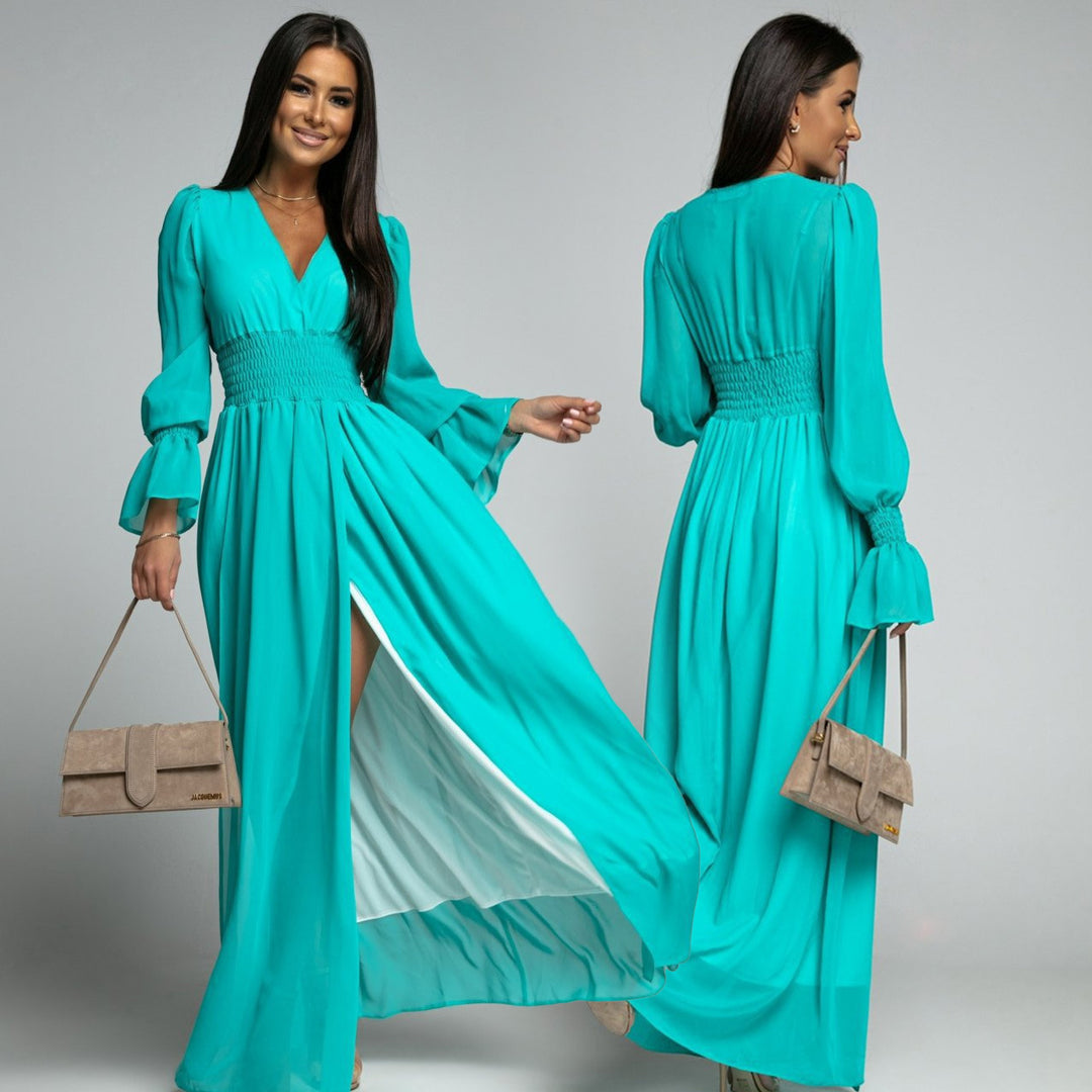Damen Maxi-Kleid mit tiefem V-Ausschnitt und voluminösen Ärmeln R&B