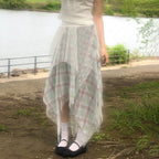 Damen Asymmetrischer Plissee-Rock mit transparentem Chiffonüberwurf und kariertem Design R&B