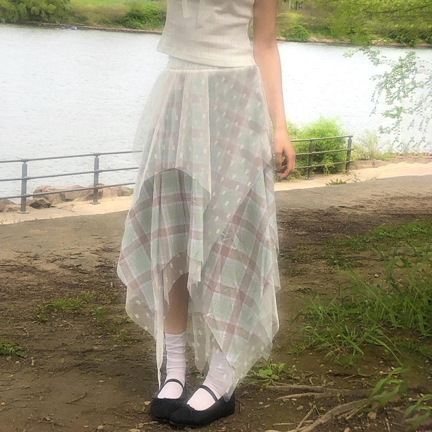 Damen Asymmetrischer Plissee-Rock mit transparentem Chiffonüberwurf und kariertem Design R&B