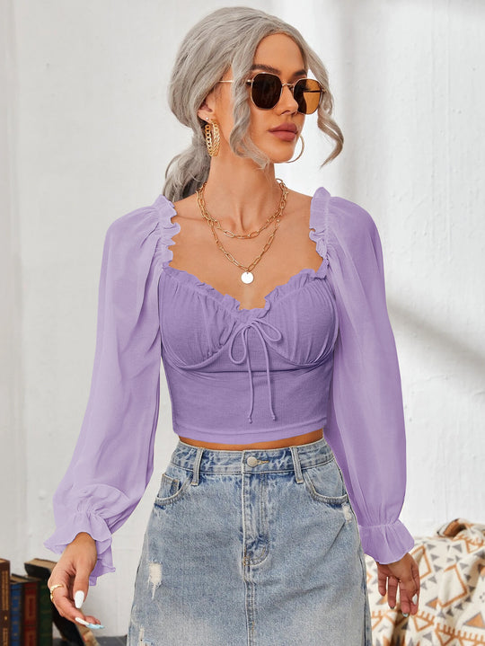 Damen Cropped-Bluse mit Rüschen und eleganten Puffärmeln R&B